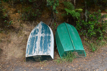 Two old green dinghy boats upturned against a bank