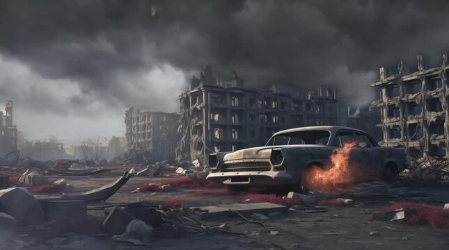 broken car in ruined city after war looping video animation background illustration