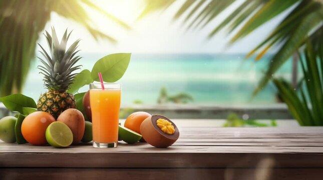 fresh fruit and juice on the wooden table with beach view and palm leaves looping video animation background illustration