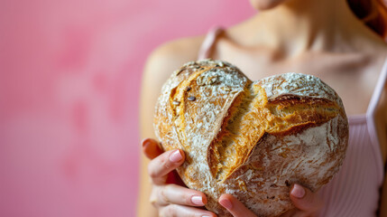 A beautiful woman is holding bakery bread in the shape of a romantic heart. Valentine's Day food concept