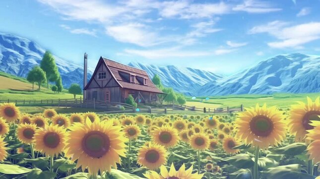 sun flower filed with farm house landscape looping video animation background illustration