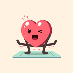 Vector cartoon heart character exercising on yoga mat for design.