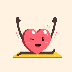 Cartoon heart character exercising on yoga mat for design.