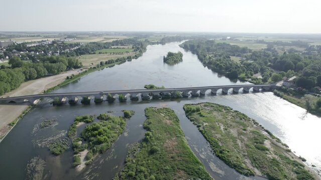 Arch Bridge Over Loire River, Longest River in France - Aerial Drone Shot