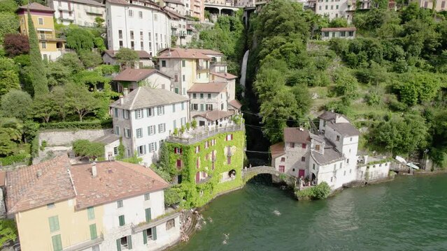 Nesso Village With the Bridge &ldquo;Ponte della Civera&rdquo; and the Beautiful Waterfall Behind it