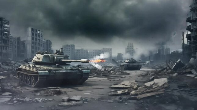 tank in the middle of ruined city warfare looping video animation background illustration