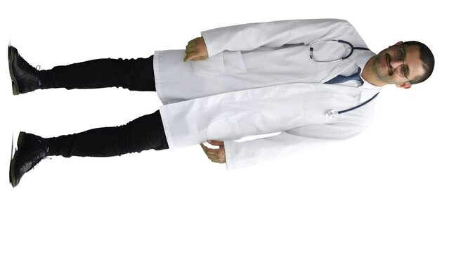 male doctor in a white coat on a white background smiling in full length