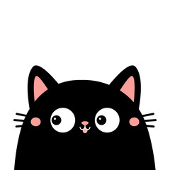 Black peeking cat face head silhouette. Cute cartoon character. Kawaii funny baby pet animal. Pink ears, tongue, nose, cheeks. Sticker print. Flat design. White background. Isolated.