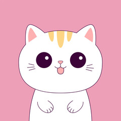 Cute cat. White kitten kitty. Happy Valentines Day. Contour line doodle. Funny head face, paws, tongue. Cartoon kawaii animal character. Flat design. Love card. Pink background.