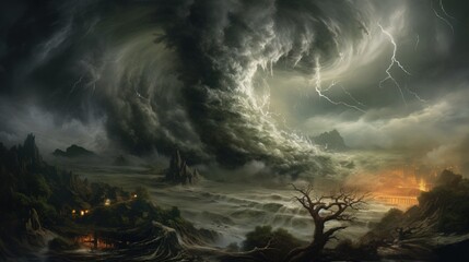 Fototapeta premium Anticyclonic supercell thunderstorm swirling. concept of climate change and natural disaster. - AI Generated