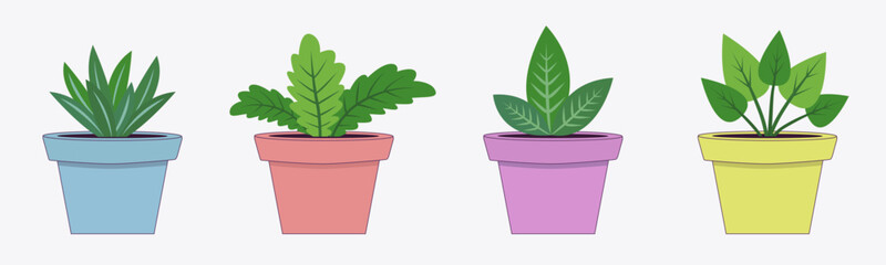 Fototapeta premium House plant set line. Flower pot collection. Green leaves plants in pots. Interior houseplants in planters, baskets. Cute cartoon card. White background. Isolated. Flat design.
