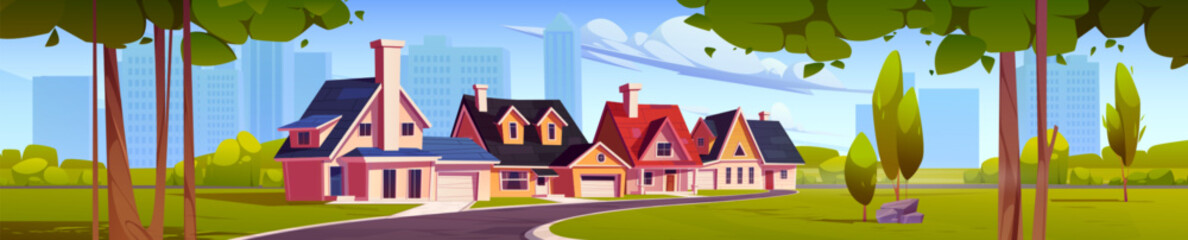 Suburban town street against big city background. Vector cartoon illustration of cozy houses along rural alley under blue sky, green lawn and bushes, skyscrapers on horizon, modern architecture