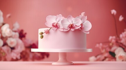 Fototapeta na wymiar A round white stand with a pink backdrop holds a pink cake. Orchid sugar blossoms adorn the cake. Gorgeous dessert with floral decorations