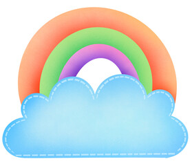 Watercolor hand-drawn illustration blue cloud banner text box with a vibrant multicolored rainbow positioned above