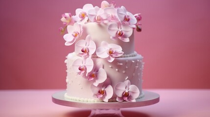 Fototapeta na wymiar A round white stand with a pink backdrop holds a pink cake. Orchid sugar blossoms adorn the cake. Gorgeous dessert with floral decorations