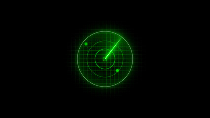 Fototapeta na wymiar Radar screen animation, green color moving radar HUD