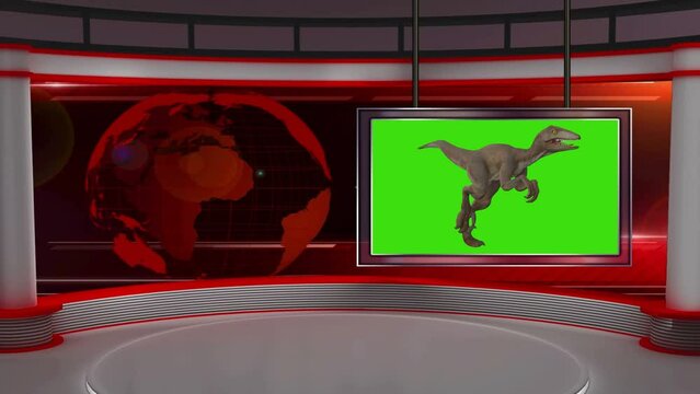 Dinosaur appeared in the main news Wild dinosaur attack Dinosaur in the city Green screen 3D background