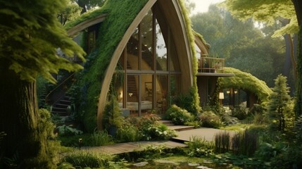 An eco-friendly housing concept set in a garden with copy space surrounded by green ferns, including a model home covered in moss