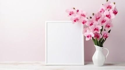 Breathtaking valentine's day floral arrangement: pink orchid bouquet in vase with photo frame on white background