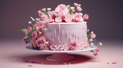 Cake adorned with edible silver, lovely flowers, and a pink glaze. rosy cake