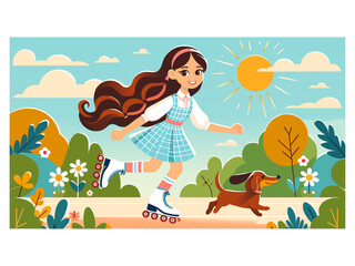 Girl roller skating with dog summer outdoor exercise nature illustration
