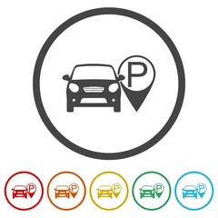Car parking map icon. Set icons in color circle buttons