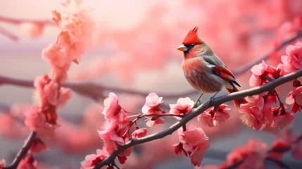 Tuinposter vibrant nature: bright red bird with pinky beaks perched on twig in lavender flower field © Ashi