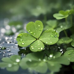 Water droplets form on a broad four-leaf clover leaf in the background with a river visible. Generative AI.