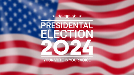 2024 presidential election promo banner. USA presidential election 2024 banner with blurred waving american flag. Vote day, November 5. Vector illustration for US Election 2024 campaign. - obrazy, fototapety, plakaty