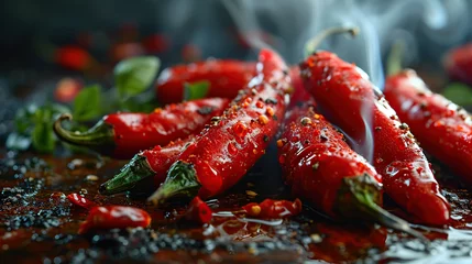 Papier Peint photo Lavable Piments forts Hot red chili smoking or steaming