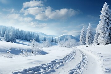 Cold winter scenery with snow-covered land and trees. Generative AI - obrazy, fototapety, plakaty