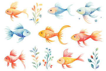 Set of watercolor paintings Goldfish on white background.