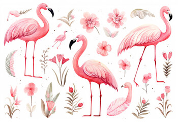 Set Of Watercolor paintings Flamingo  on white background.