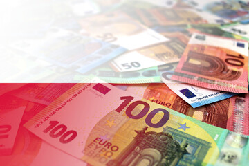 Euro banknotes colored in the colors of the flag of Poland. Gradient overlay of the Polish flag on the euro notes.