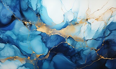 Luxury abstract fluid art painting in alcohol ink technique, the mixture of blue and gold paints....