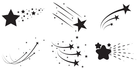 Shooting star. Shooting stars with tails icons, falling meteor, abstract fantasy galaxy element, decorative night sky object silhouette. Vector isolated set - obrazy, fototapety, plakaty
