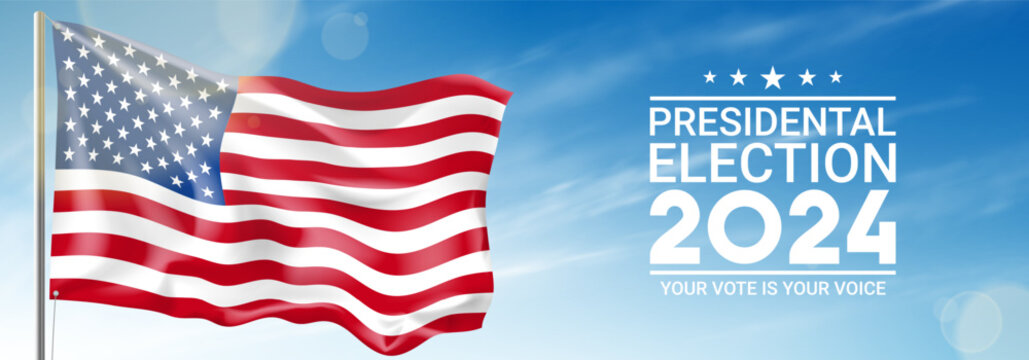 2024 presidential election banner. Promo banner for presidential election 2024 with waving USA flag and cloudy sky. Vote day, November 5. Vector illustration for US Election 2024 campaign