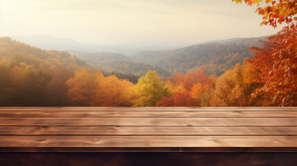 Naklejka na ściany i meble Wood table in autumn landscape with empty copy space