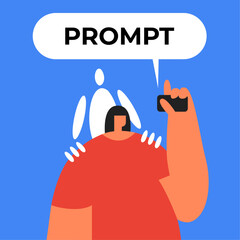 Prompt-engineering. The robot stands behind the woman. Help from artificial intelligence technologies. AI command to generate text or image. Flat vector illustration.