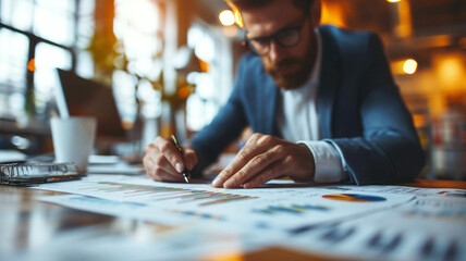 A businessman processes information in printed documents, analyzes financial information based on the results of trading on the securities market, blurred background, low angle shooting - obrazy, fototapety, plakaty