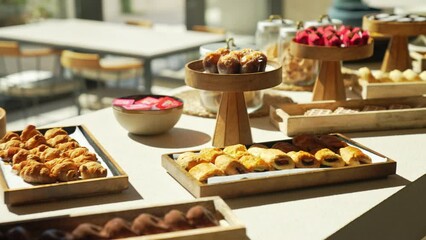 Enjoy a lavish pastry table at a hotel brunch with glamorous cakes and croissants beautifully lit by sun