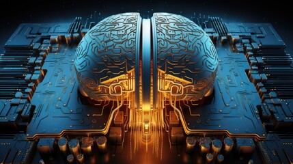 cybernetic brain illustration emphasizing the intersection of human intelligence and computer technology, a vision of future ai and machine learning developments - obrazy, fototapety, plakaty