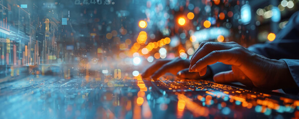 Banner with business concept of stock market data analysis and currency exchange. Working with big data databases, involving them in financial risk analysis