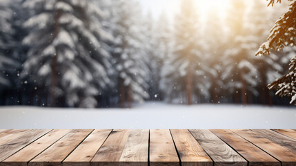 Wooden table top on blurred winter forest background