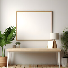 Interior poster mockup with a square metal frame and plants in a vase against a white wall.