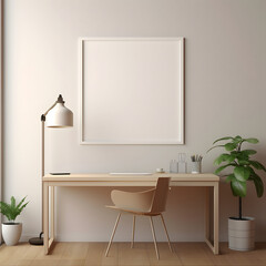 Interior poster mockup with a square metal frame and plants in a vase against a white wall.