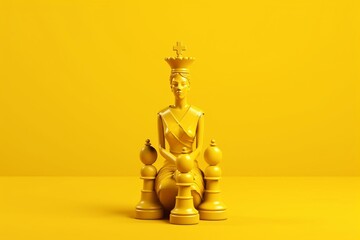Realistic chess queen on bright yellow background for a minimal creative battle concept. 3D-rendered illustration. Generative AI