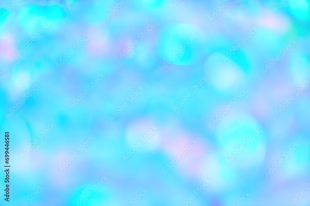 Poster blurred pastel neon blue mint pink holographic bokeh background texture. abstract festive glittering