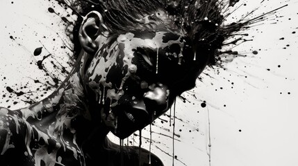 black and white art of man's face with ink blots. powerful imagery for mental health awareness and artistic projects in high-resolution stock image format