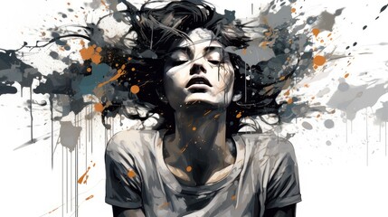emotionally charged portrait in ink splatter style. visually striking representation of sadness and depression in women for stock photography - obrazy, fototapety, plakaty